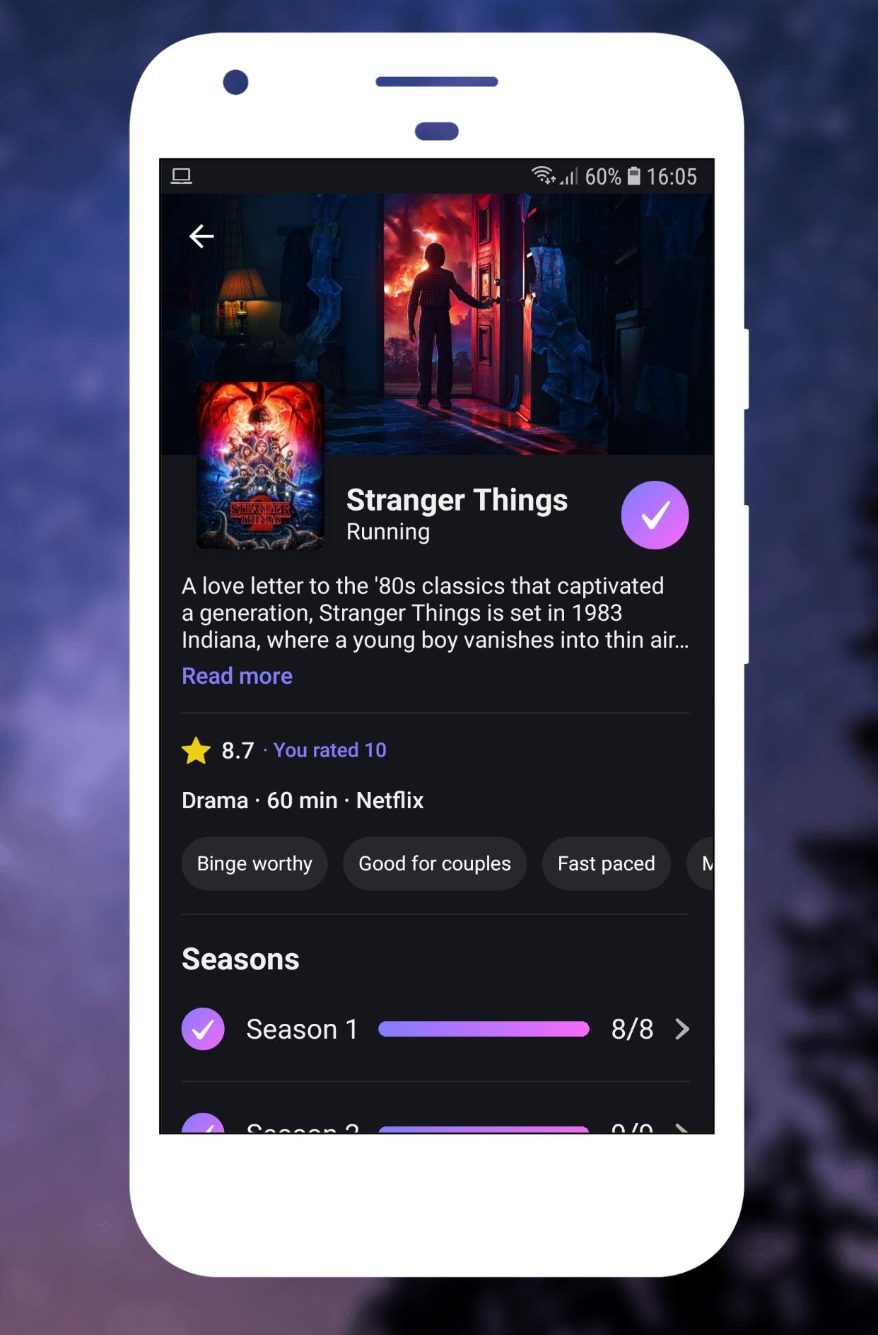 Phone screen with Hobi app displaying Stranger Things