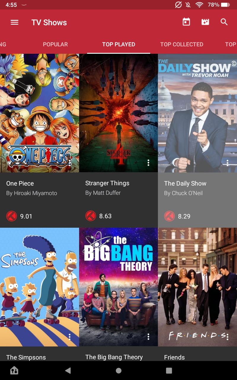 Cinetrak screen with One Piece, Stranger Things, The Daily Show, Simpsons, Big Bang Theory