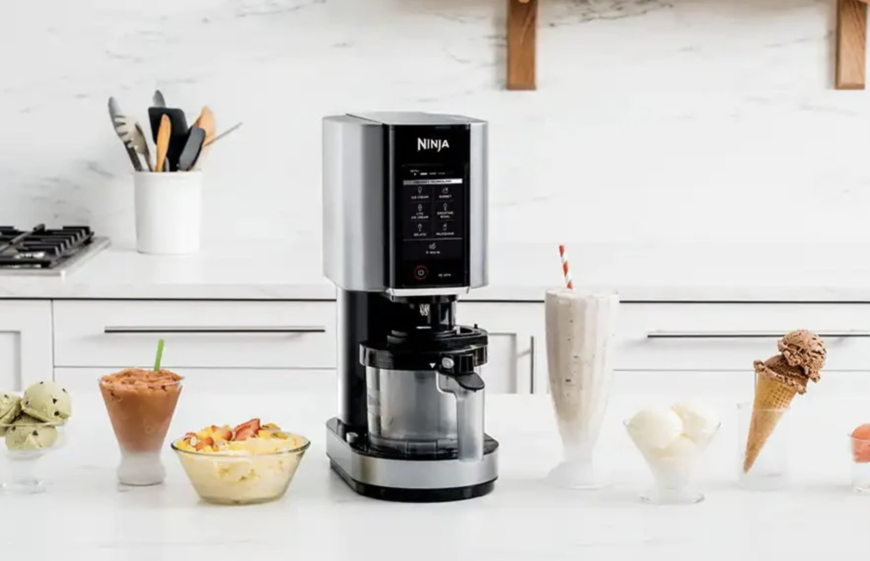 Ninja Ice Cream Maker on counter with ice cream