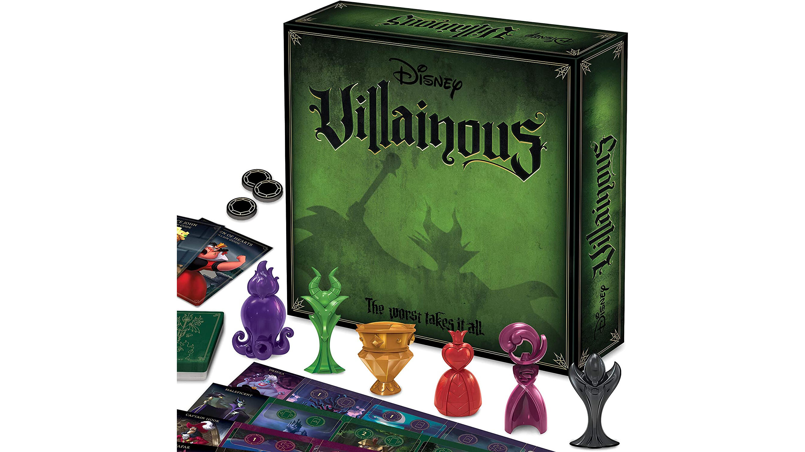 Small trophies representing Disney villains in front of a green box