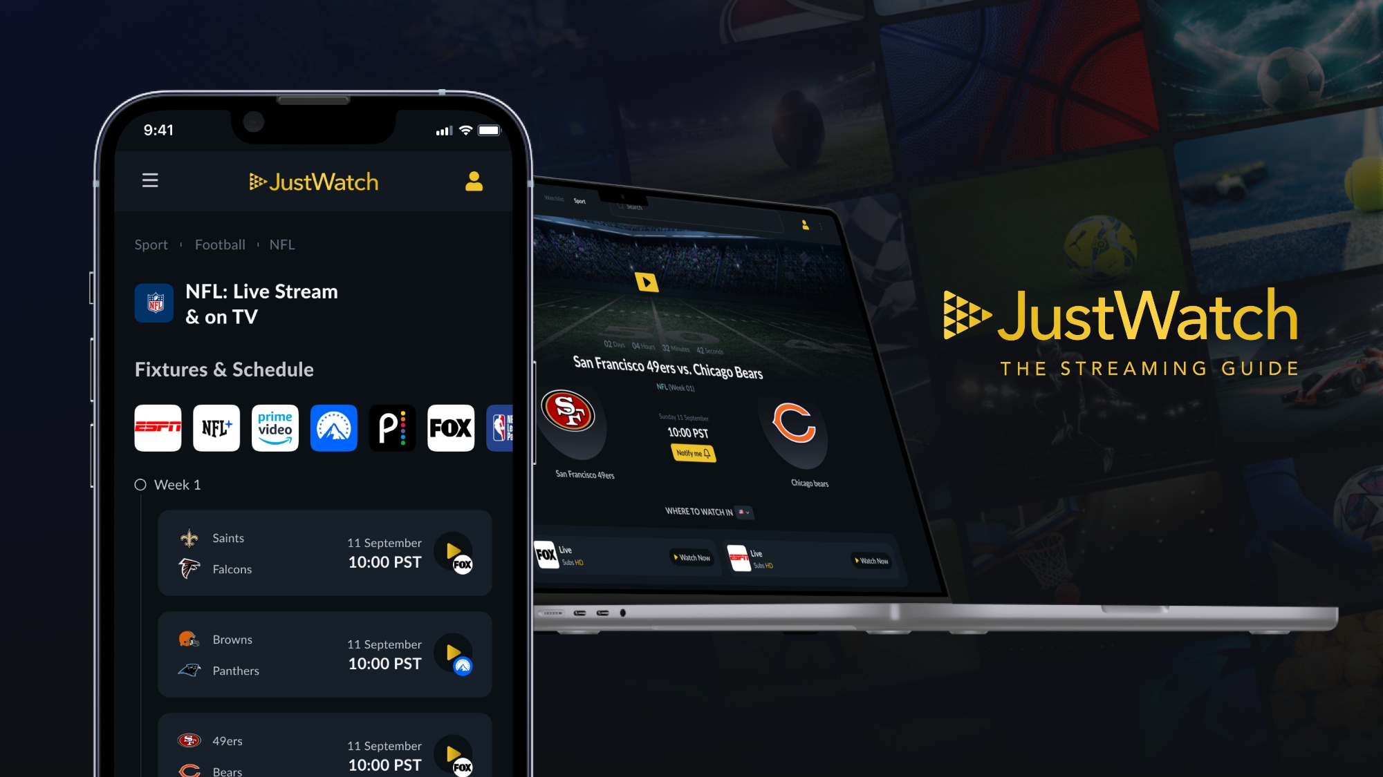 justwatch app showing NFL streaming guide
