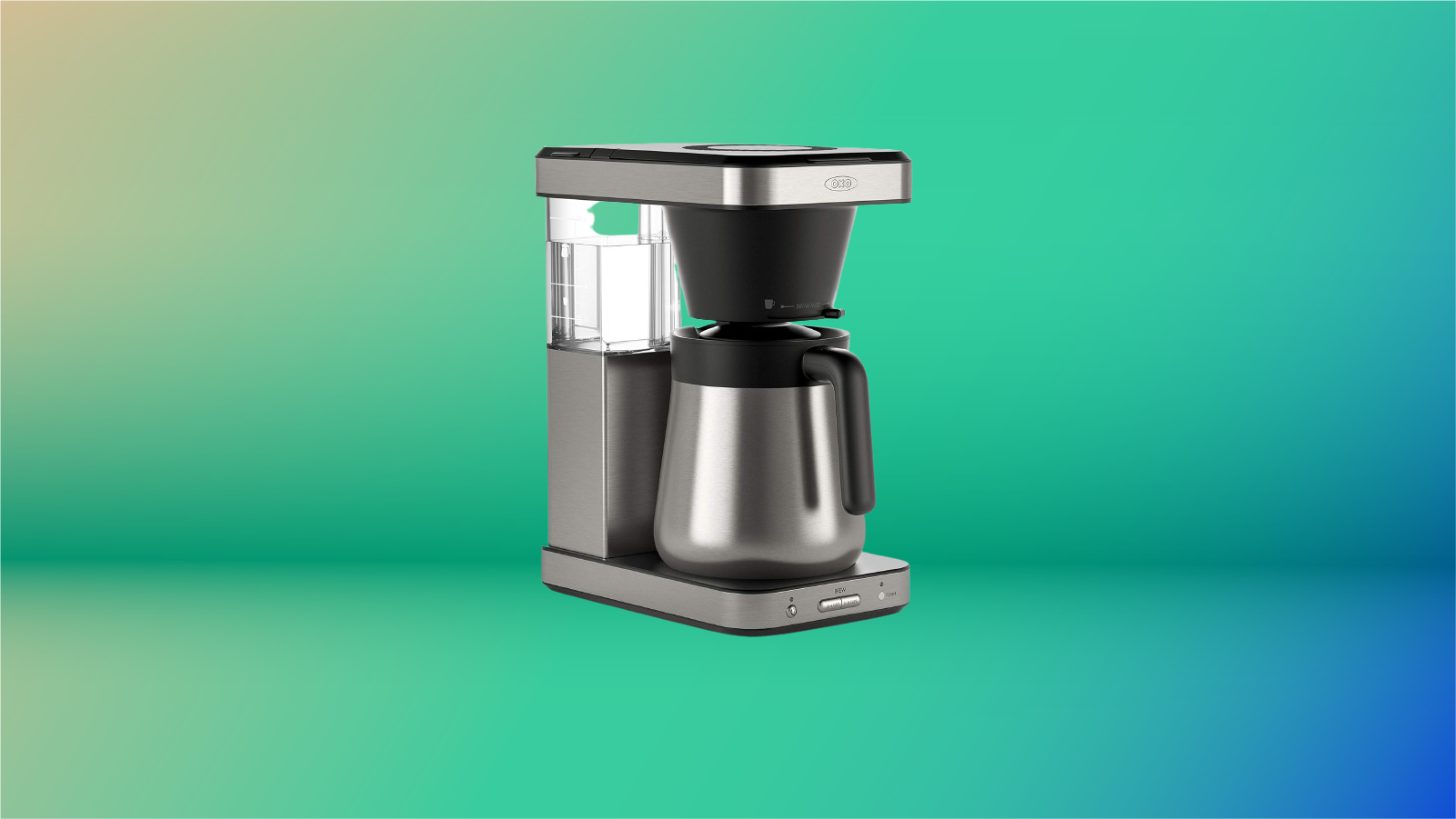 Oxo Brew 8-cup coffee maker displayed on green and blue gradient background.