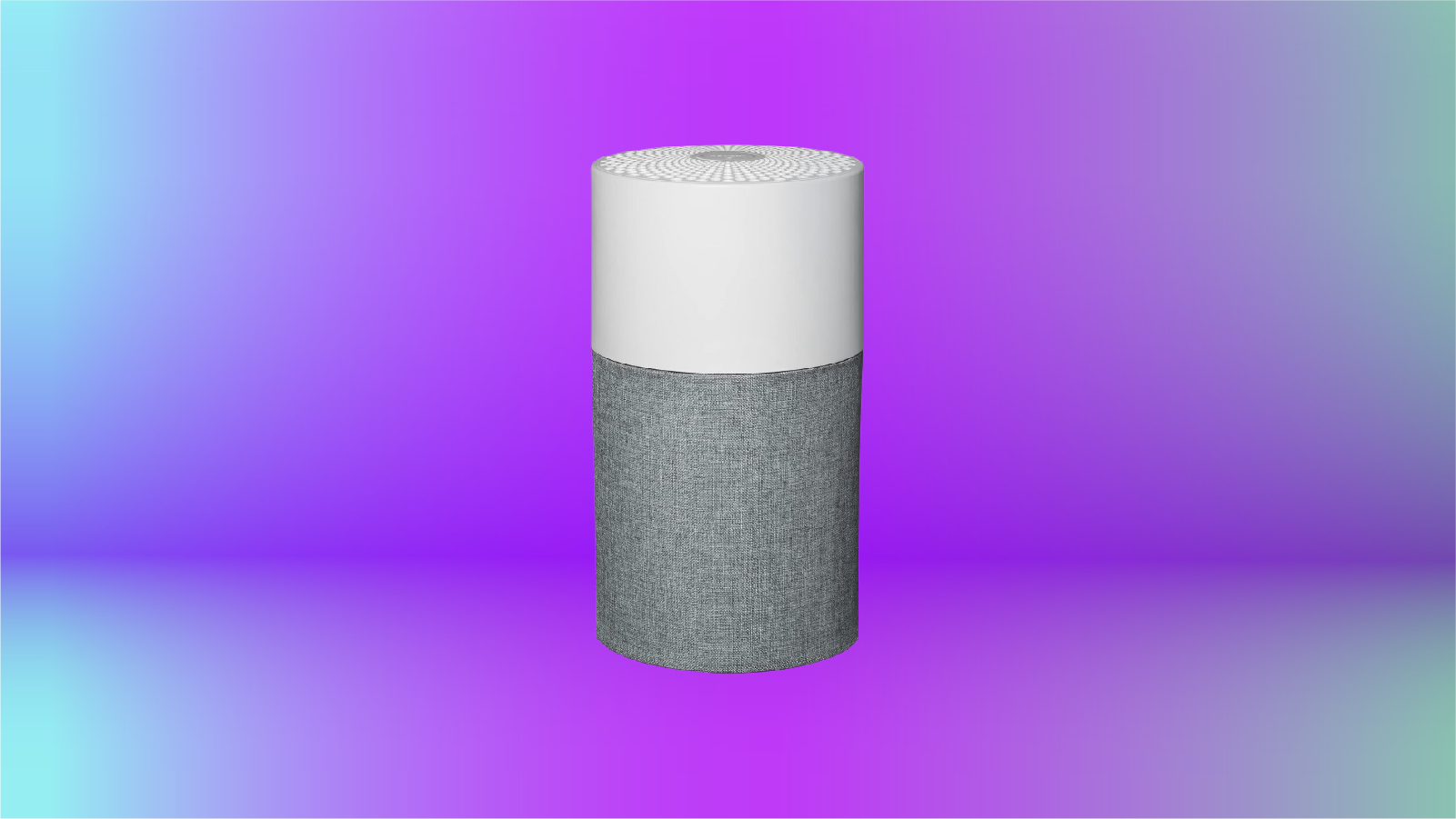 The BlueAir air purifier on display against a purple gradient background.