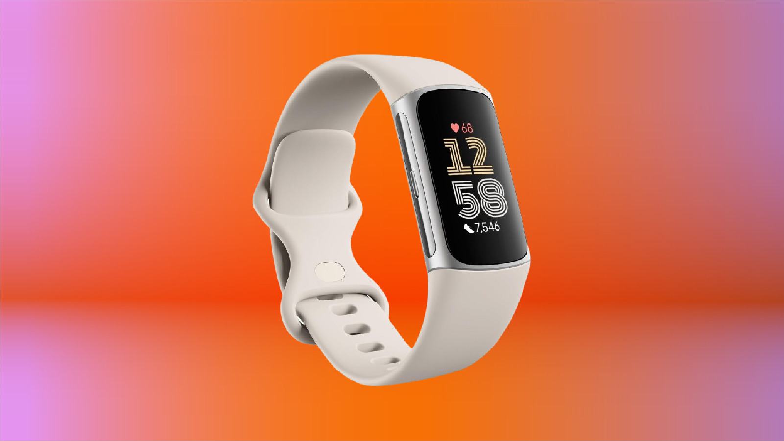 The Fitbit Charge 6 on display on an orange gradient background.