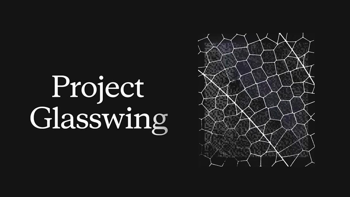 A logo against a black background with the words Project Glasswing next to a square with an abstract webbed pattern in it.