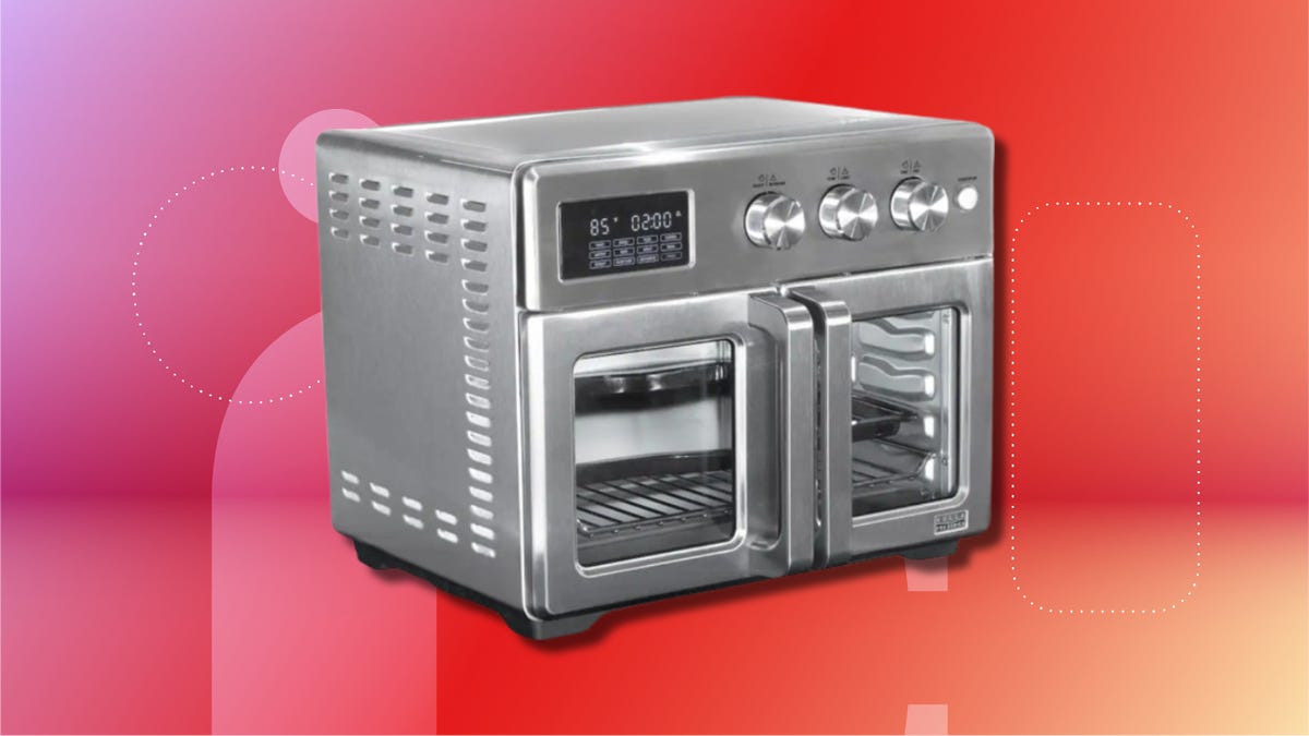 Two silver countertop ovens with digital control panels--one with open door showing wire racks and tray, the other with dual compartments and glass doors. Set against a colorful gradient background.