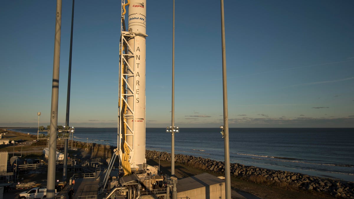 The Orbital ATK Antares rocket, with the Cygnus spacecraft onboard, at NASA's Wallops Flight Facility in Virginia.
