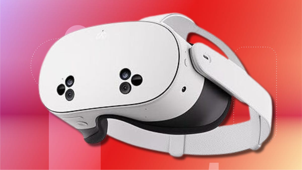 meta quest 3s against CNET's pink and orange commerce background.