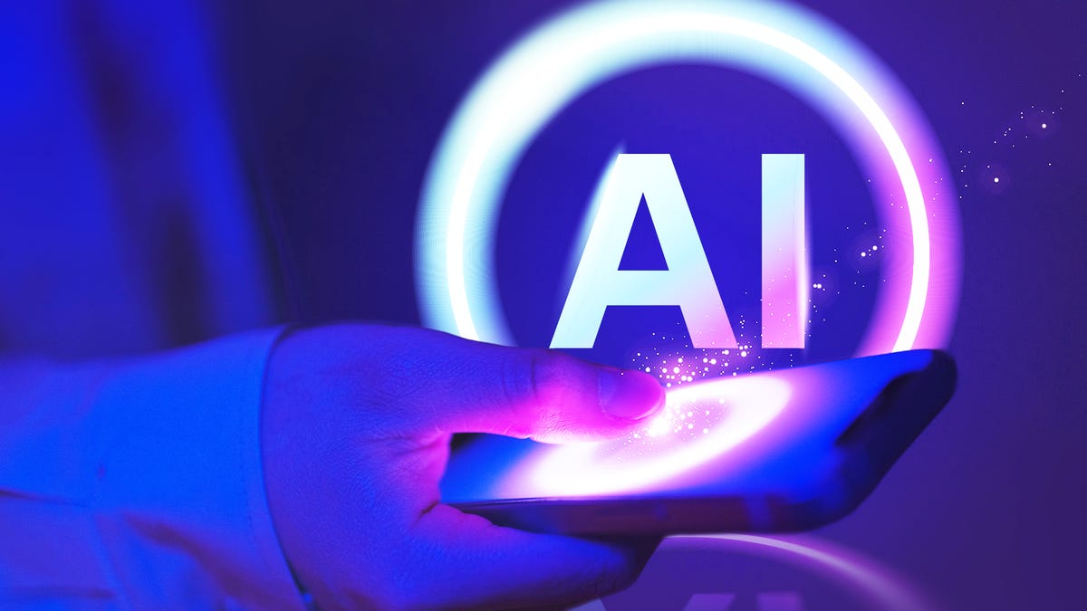 A decorative graphic with the word AI hovering in the background of a person using a phone.