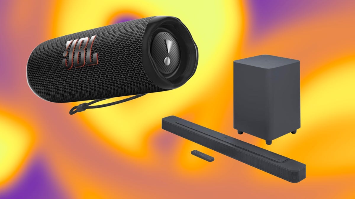 From left: Black JBL cylindrical Bluetooth speaker, right: black soundbar and cube against orange and purple gradient.
