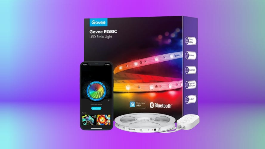 The Govee smart LED strip lights and phone displaying the Govee app sit in front of the product display box.
