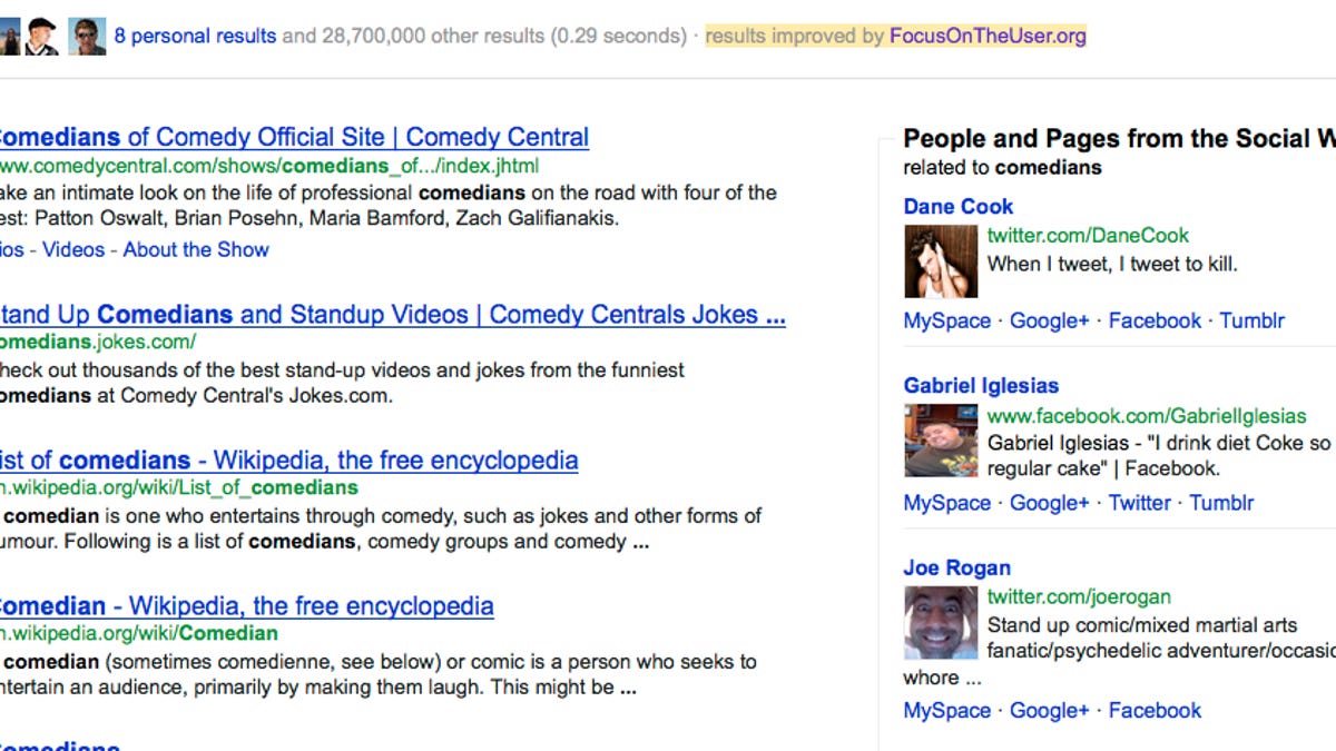 These are the results using the new 'don't be evil' bookmarklet. Note the inclusion of Facebook, Twitter and other social network results to the right of the main results, in addition to Google+.
