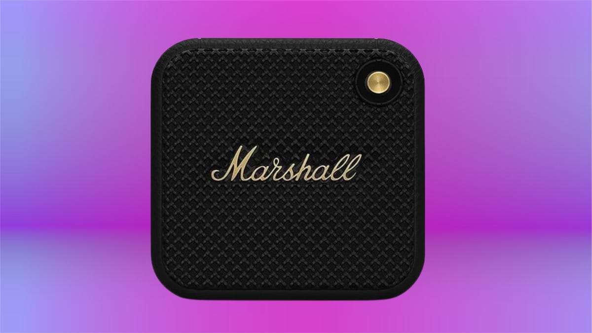 Black square Bluetooth speaker with white cursive Marshall logo. Background: purple gradient.