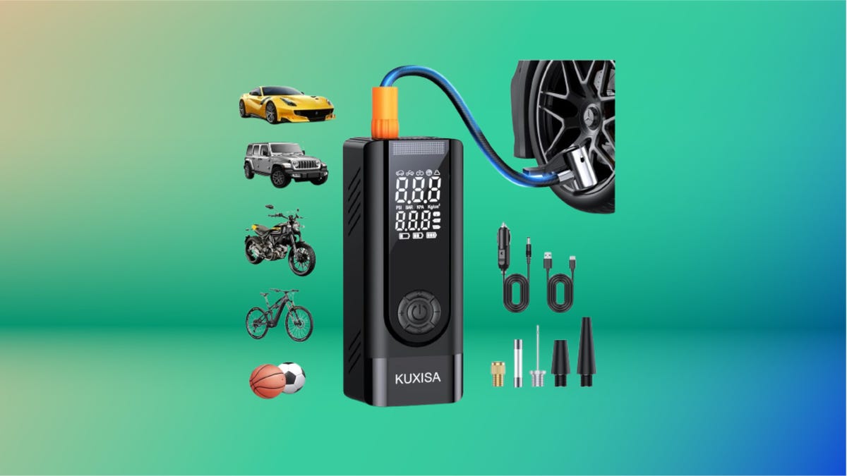 From top left: yellow sports car, grey all-terrain care, motorcycle, bicycle, basketball and soccer ball. Center: tire inflator, right: cables and adapters.