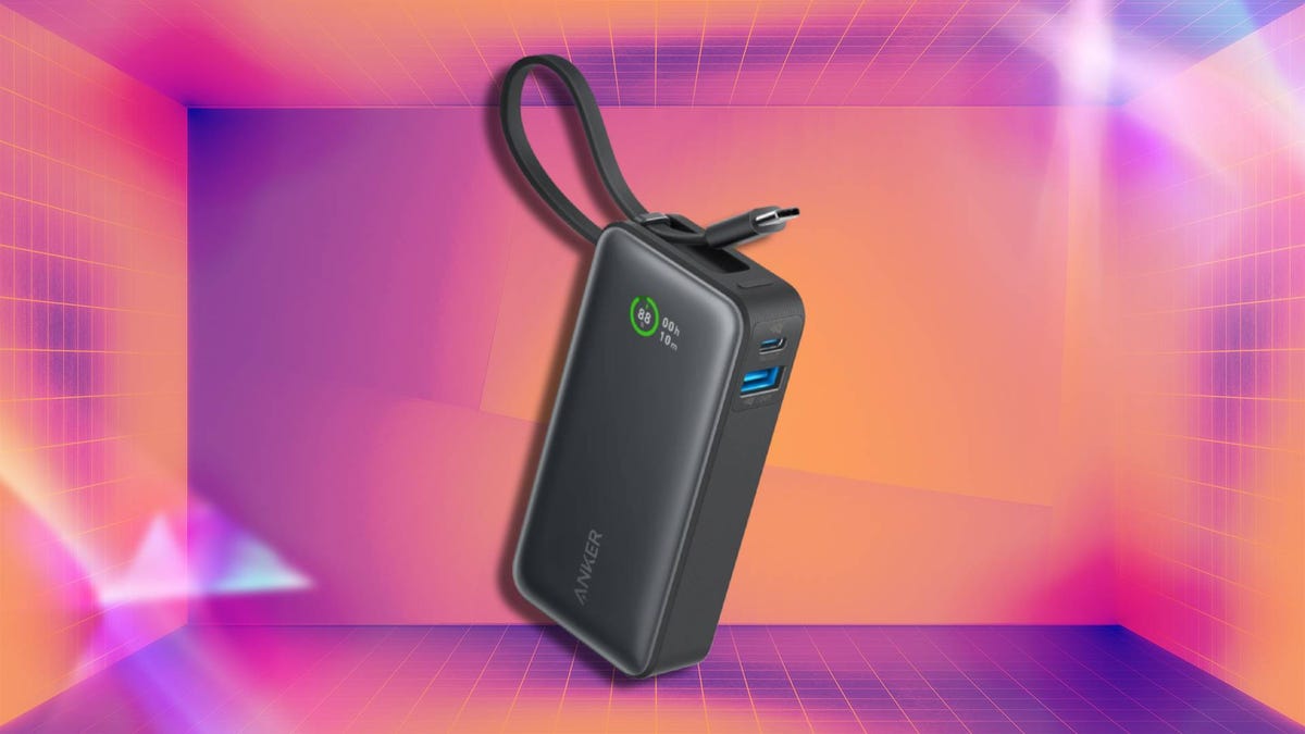 An Anker Nano power bank on a CNET background.