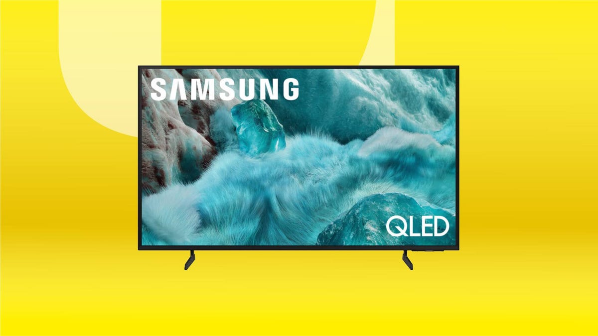 A Samsung TV against a yellow gradient CNET background.