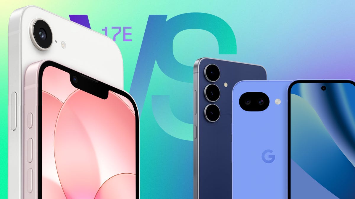 Versus graphic for the iPhone 17E, Samsung Galaxy S25 FE and Google Pixel 10A