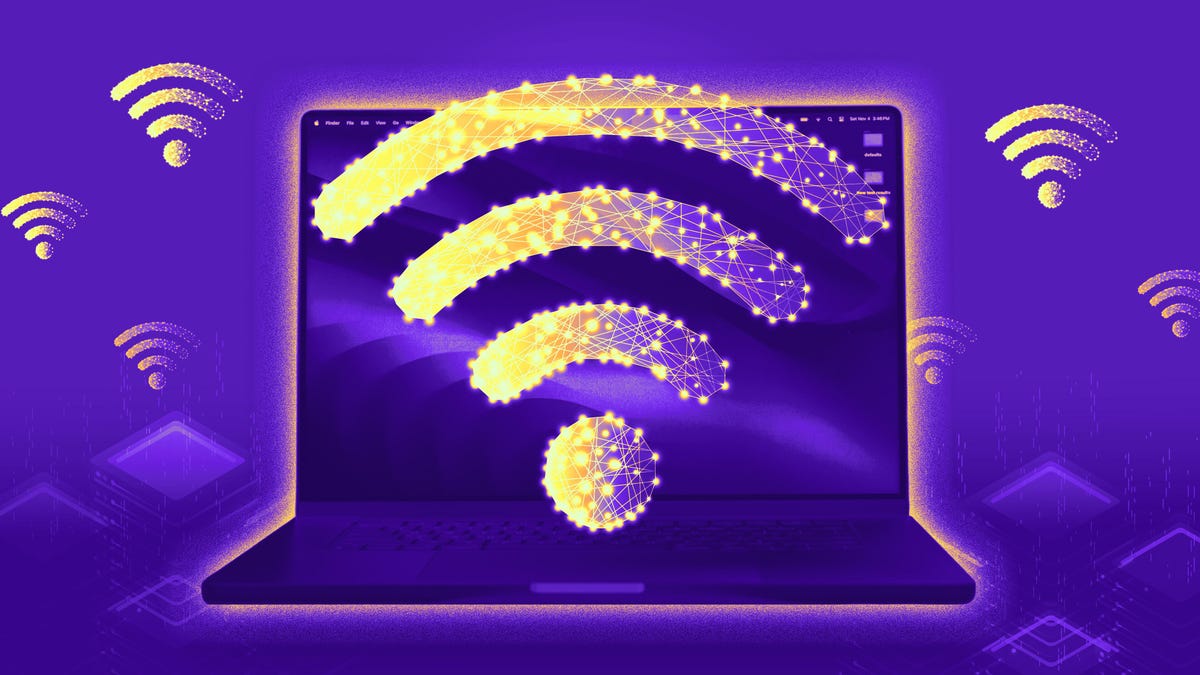 colorized laptop surrounded by glowing wi-fi symbols on a purple gradient background.