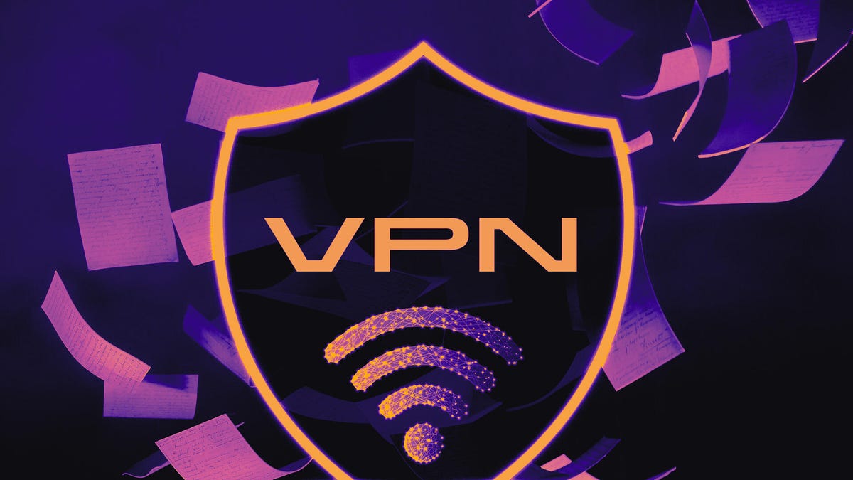 VPN shield with Wi-Fi symbol on a purple background with paper documents floating in the air