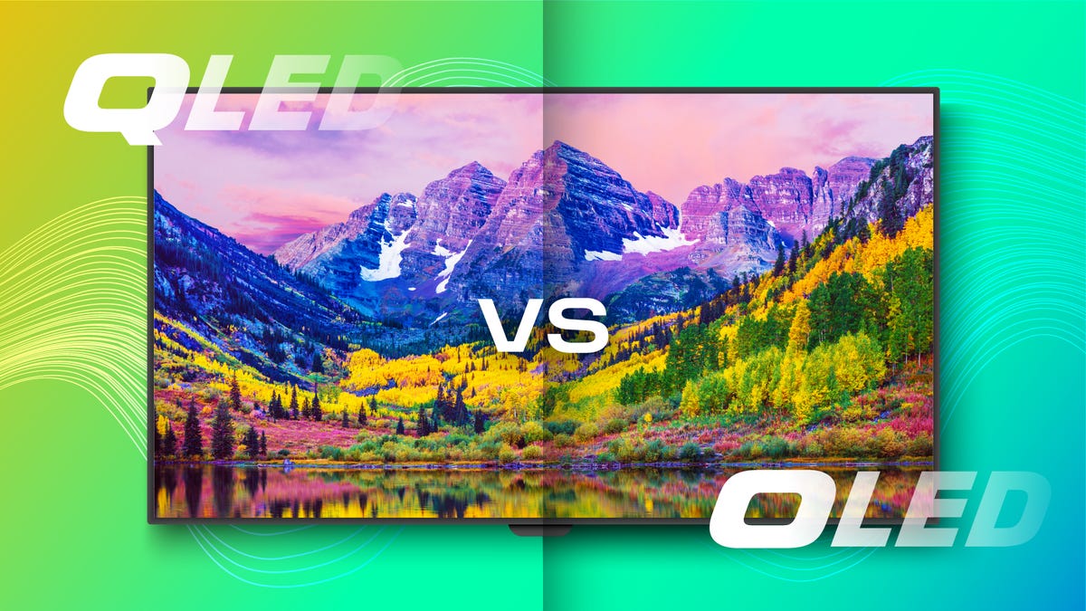 TV showing picture of a valley and mountains, with text "QLED vs OLED" overlaid