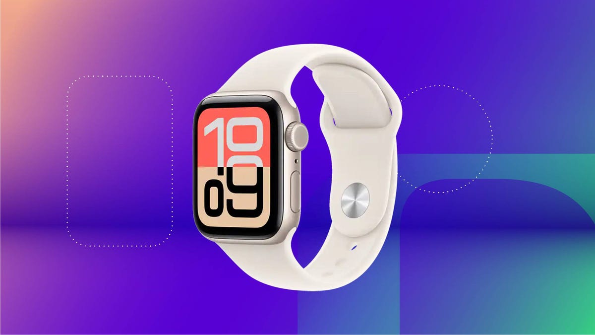 A white smartwatch against a purple gradient CNET background.