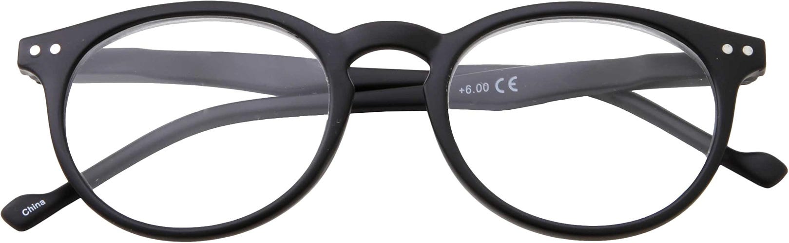A pair of black circular reading glasses over a white background.