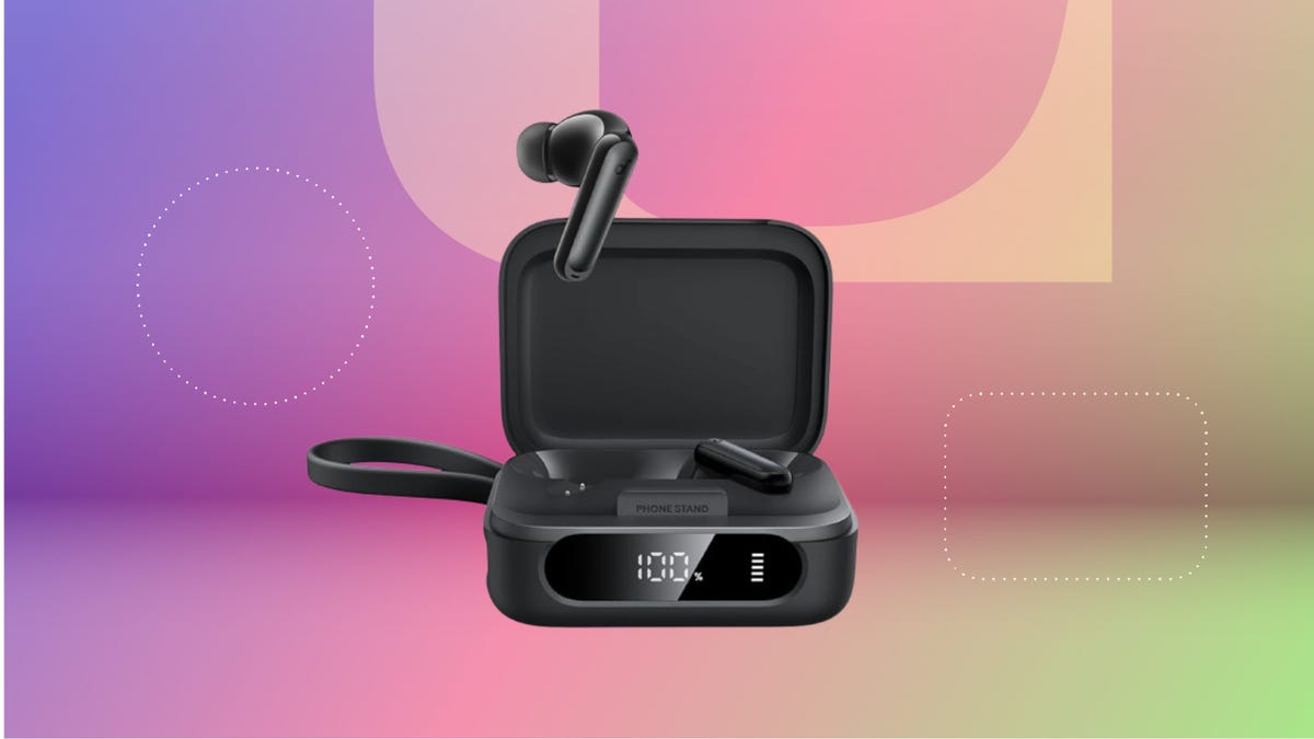 Black earbuds in black charging case against purple, pink and green CNET background.