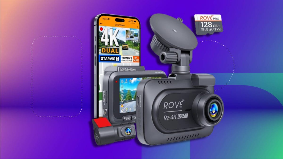ROVE R2-4K Dual dash camera system with front and rear units, smartphone showing live 4K video feed and night vision labels and a 128GB microSD card. Set against a vibrant gradient background.