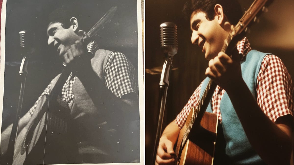 Two photos, one of which is an original black-and-white photo and the other is colorized and restored by Adobe Firefly AI