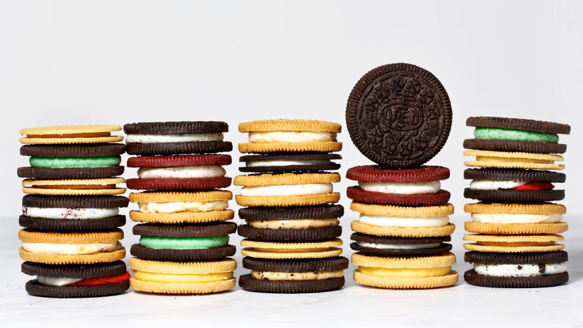 Stacks of various flavors of Oreo cookies