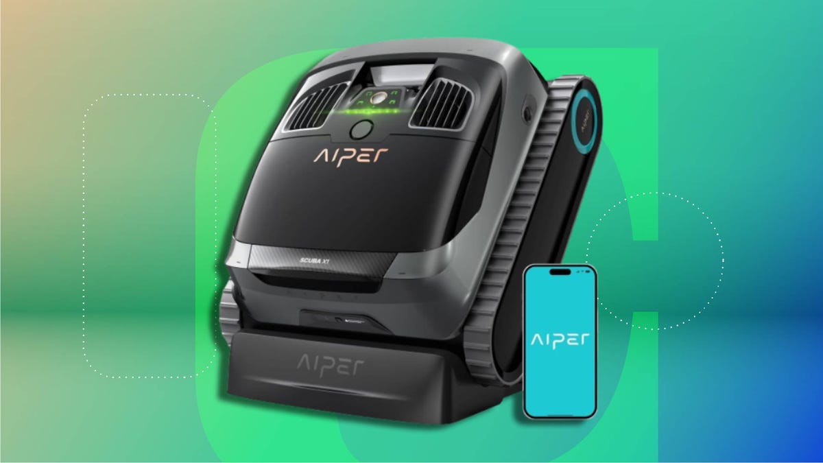 Sleek black AIPER robotic pool cleaner with tank-like treads, shown next to a smartphone displaying the AIPER app