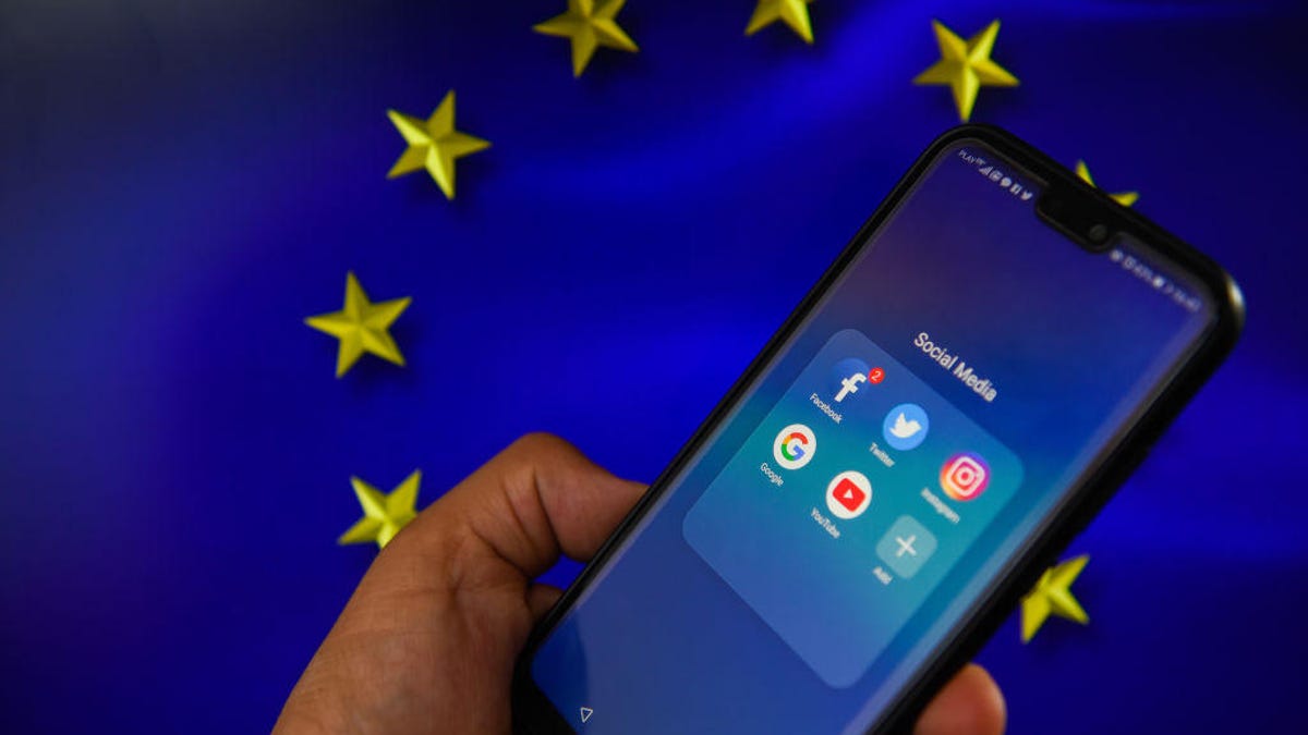 Facebook logo with European Union flag are seen in this