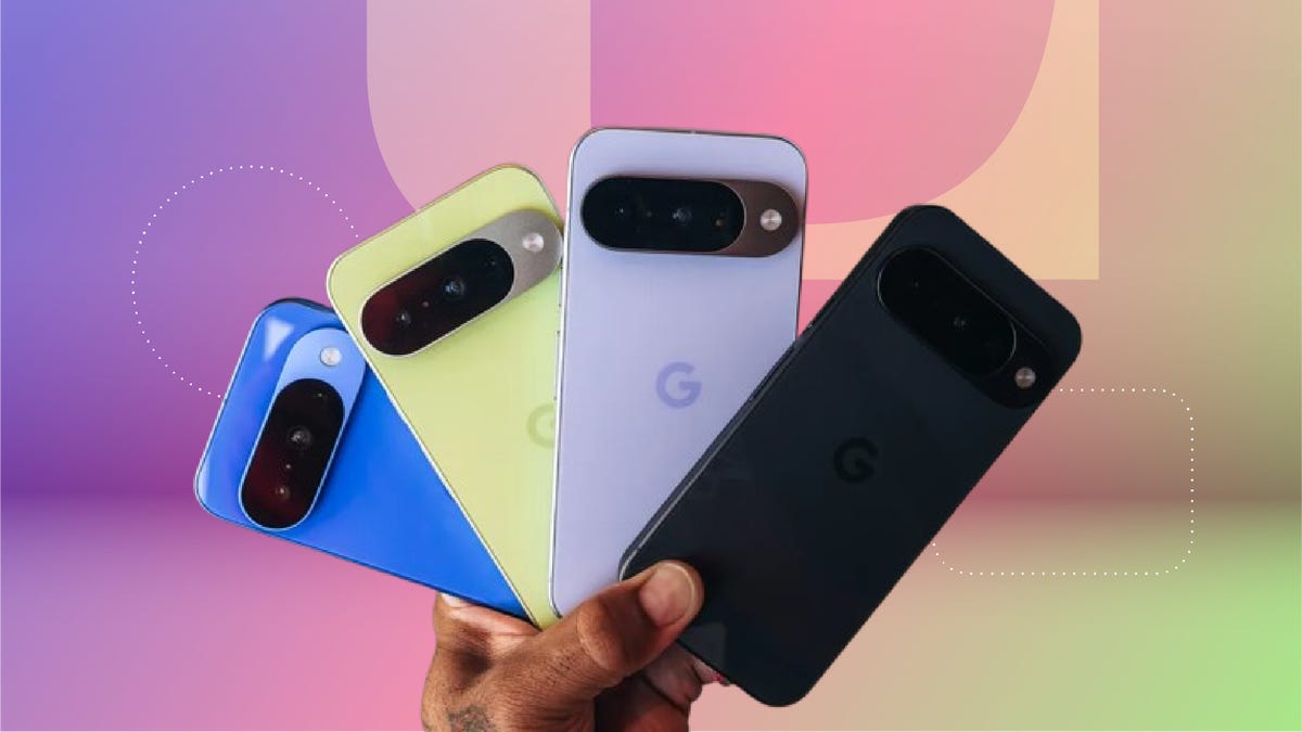 Four Pixel 10 phones in different colors.