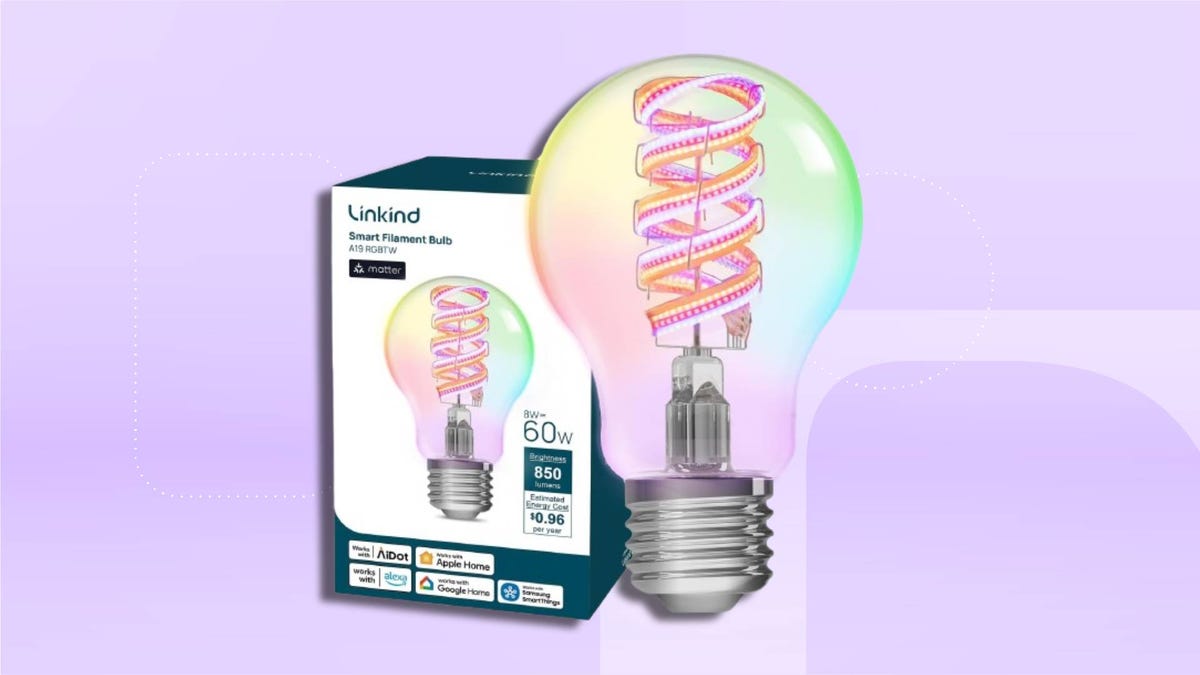 Linkind Matter smart LED bulbs with color control, dimming, and smart home support on CNET background