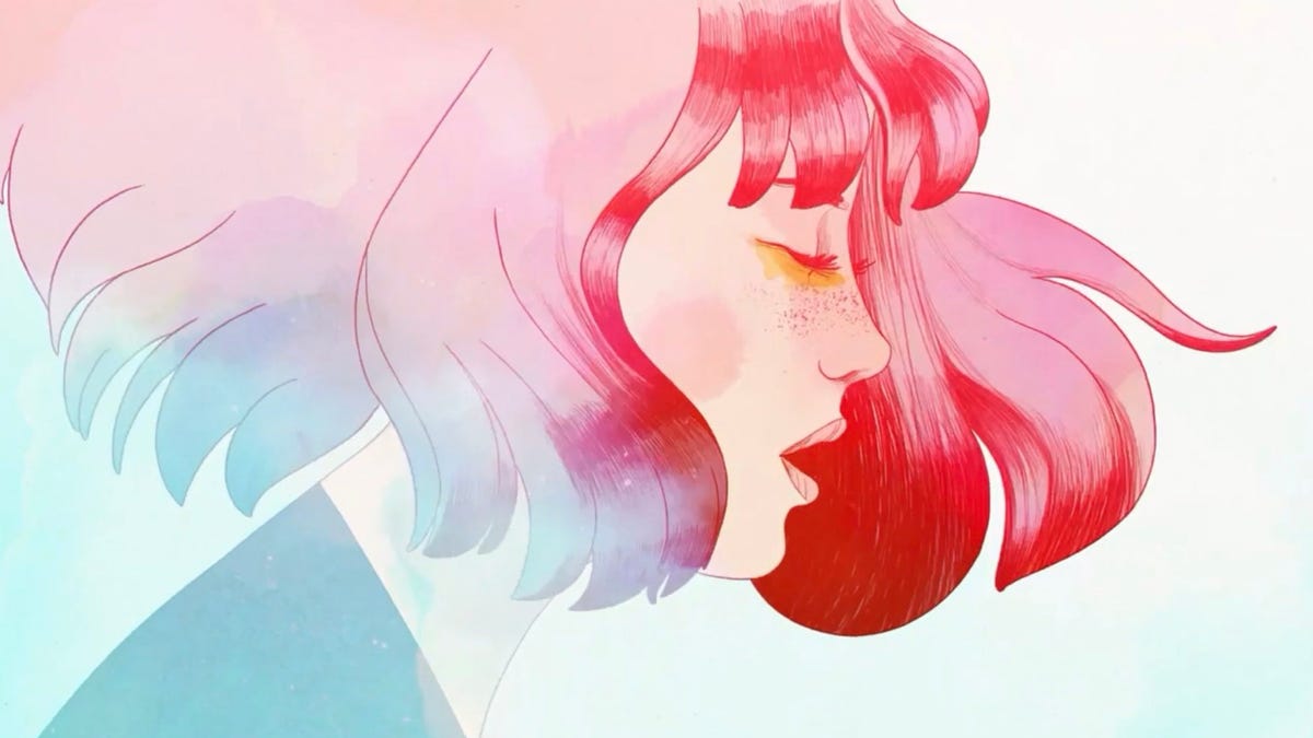 illustration of a young woman with red hair, eyes closed and mouth open