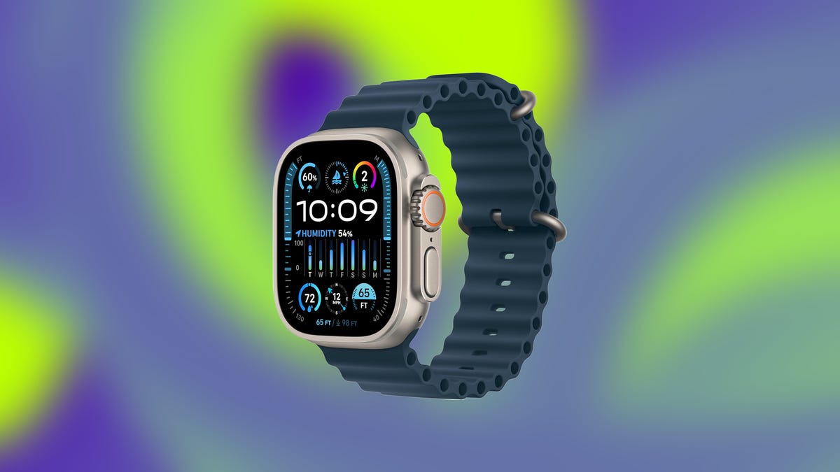 Apple Watch Ultra 2 smartwatch on green/blue background