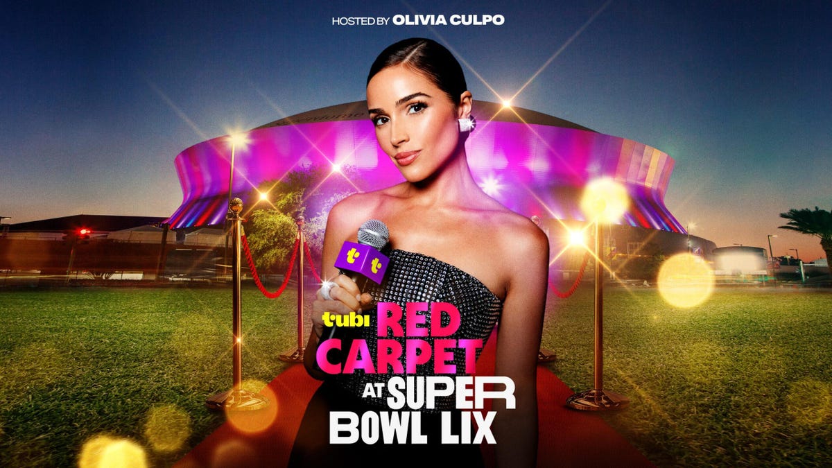 a promotional image for Tubi's coverage of Super Bowl LIX. host Olivia Culpo wears a black strapless dress and holds a microphone in front of a stylized version of Caesar's Superdome in New Orleans