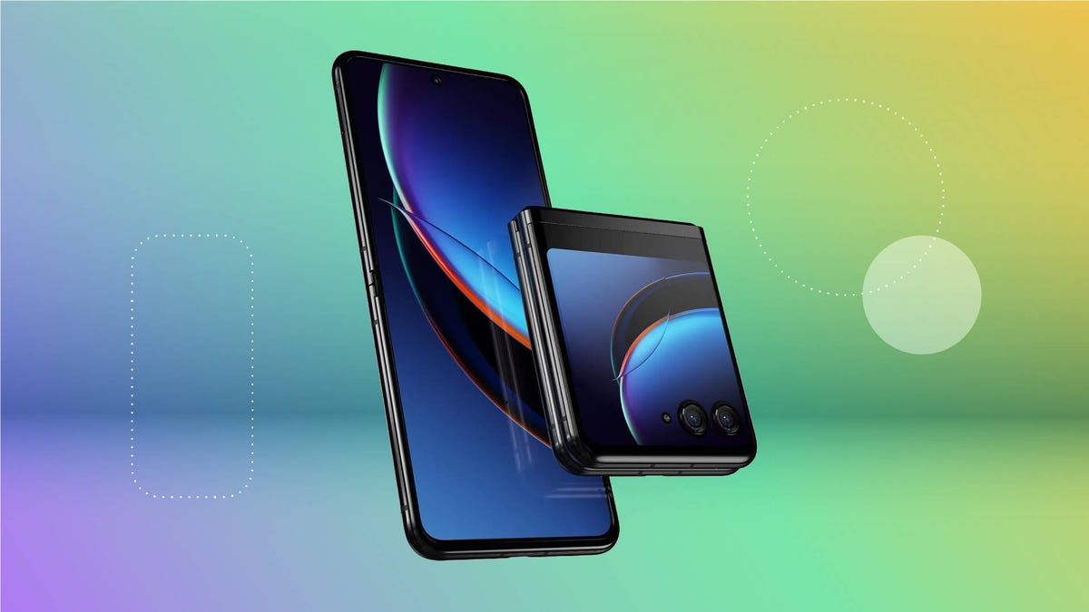 An open and closed Motorola flip phone against a purple and green gradient CNET background.