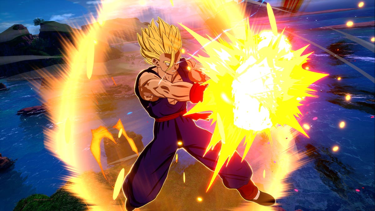 A yellow-haired man, Gohan, charges up energy to fire at an enemy.