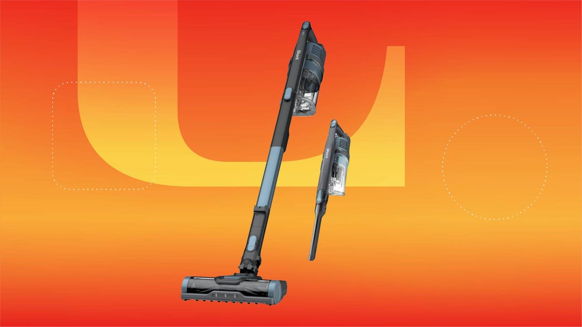 A blue and gray cordless vacuum against an orange gradient CNET background.