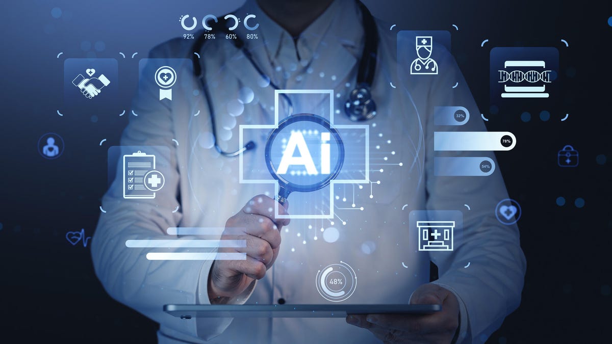 Doctor interacting with glowing AI hologram icons related to healthcare and medical technology. The style of the decorative graphic is futuristic.