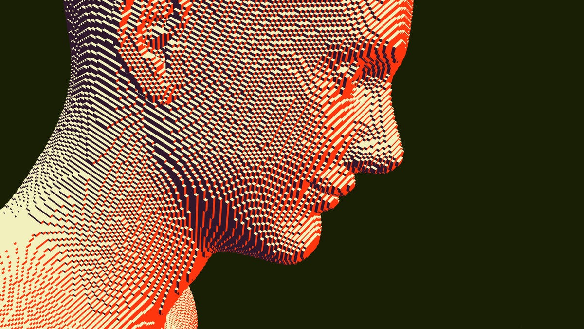 An illustration showing a human profile made up of small digital cubes.