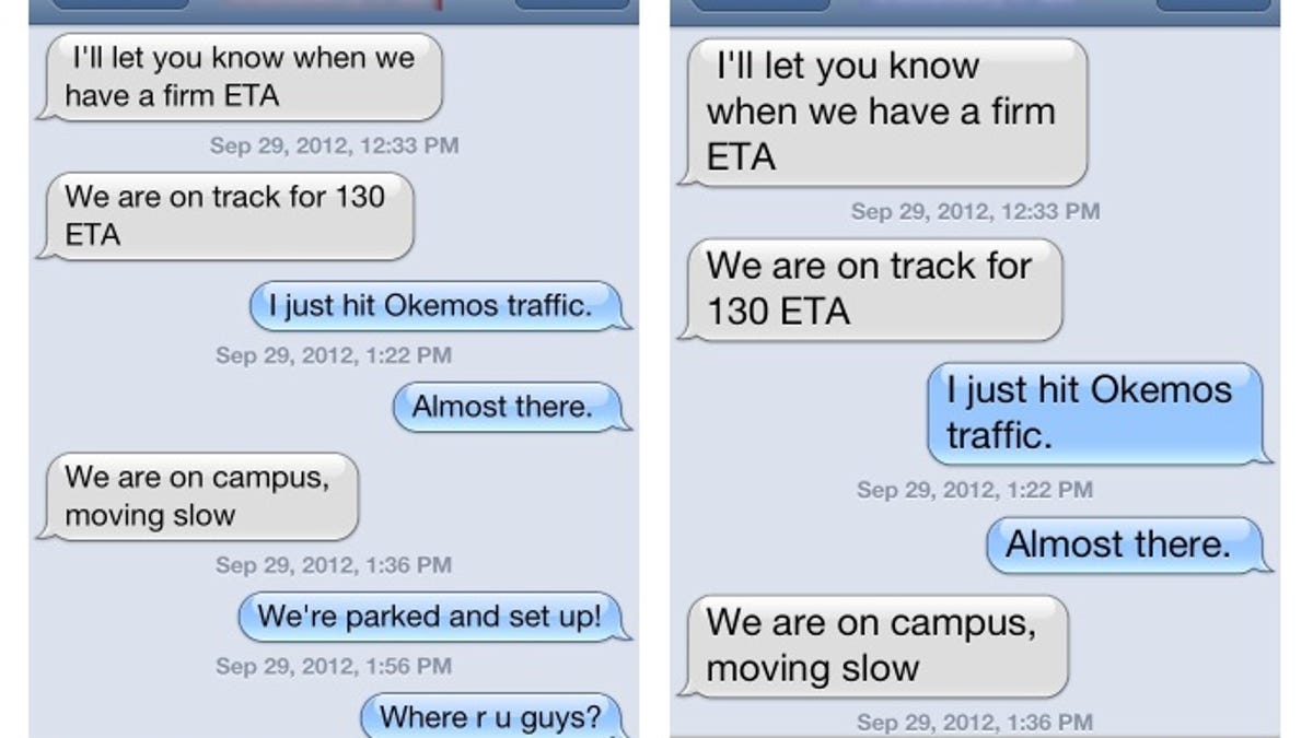 Here's the iOS Messages app with normal text on the left and 20pt Large Text on the right.