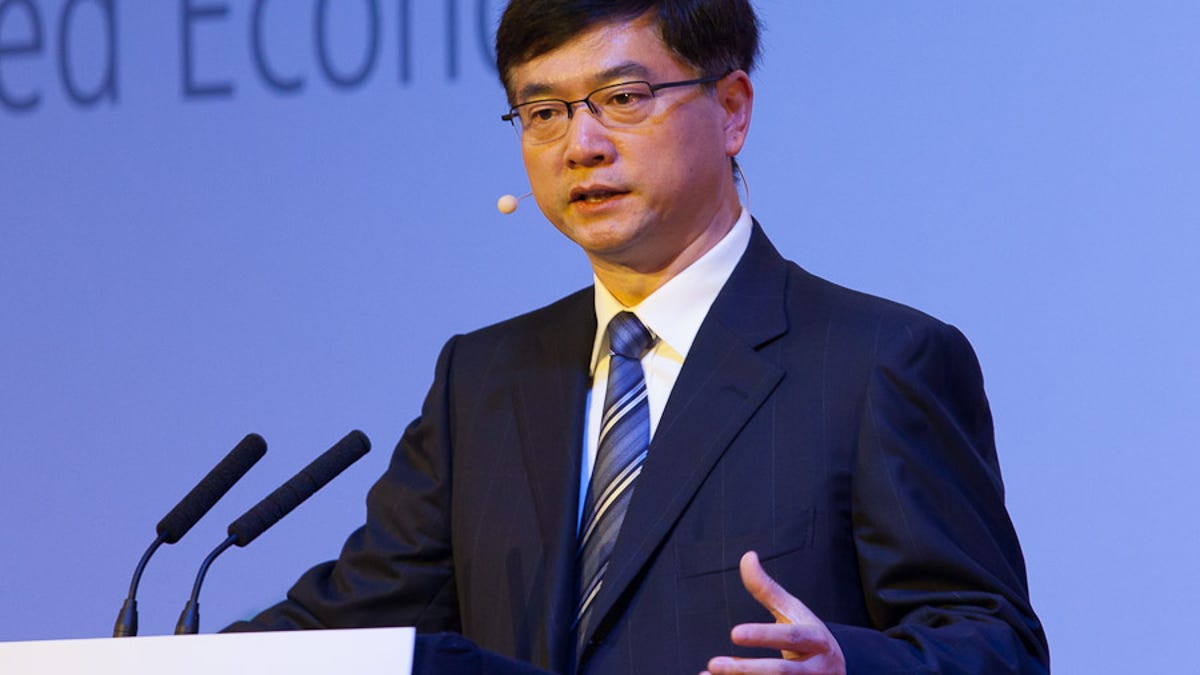Li Yue, president of China Mobile, speaking at Mobile World Congress in Barcelona, Spain.
