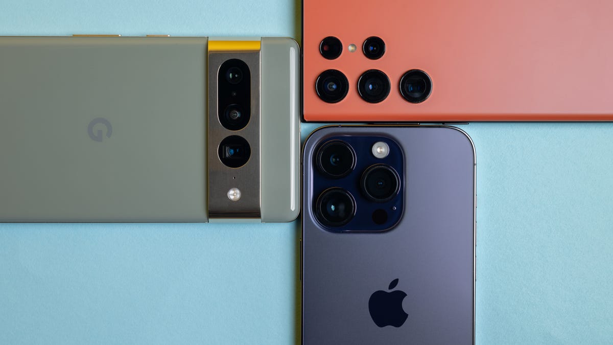 a Pixel 7 Pro next to an iPhone 14 Pro and Galaxy S22 Ultra