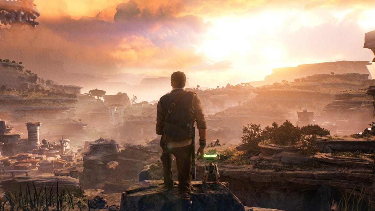 Cal Kestis and BD-1 peer out over a rocky untamed world as the sun sets in Star Wars: Jedi Survivor.