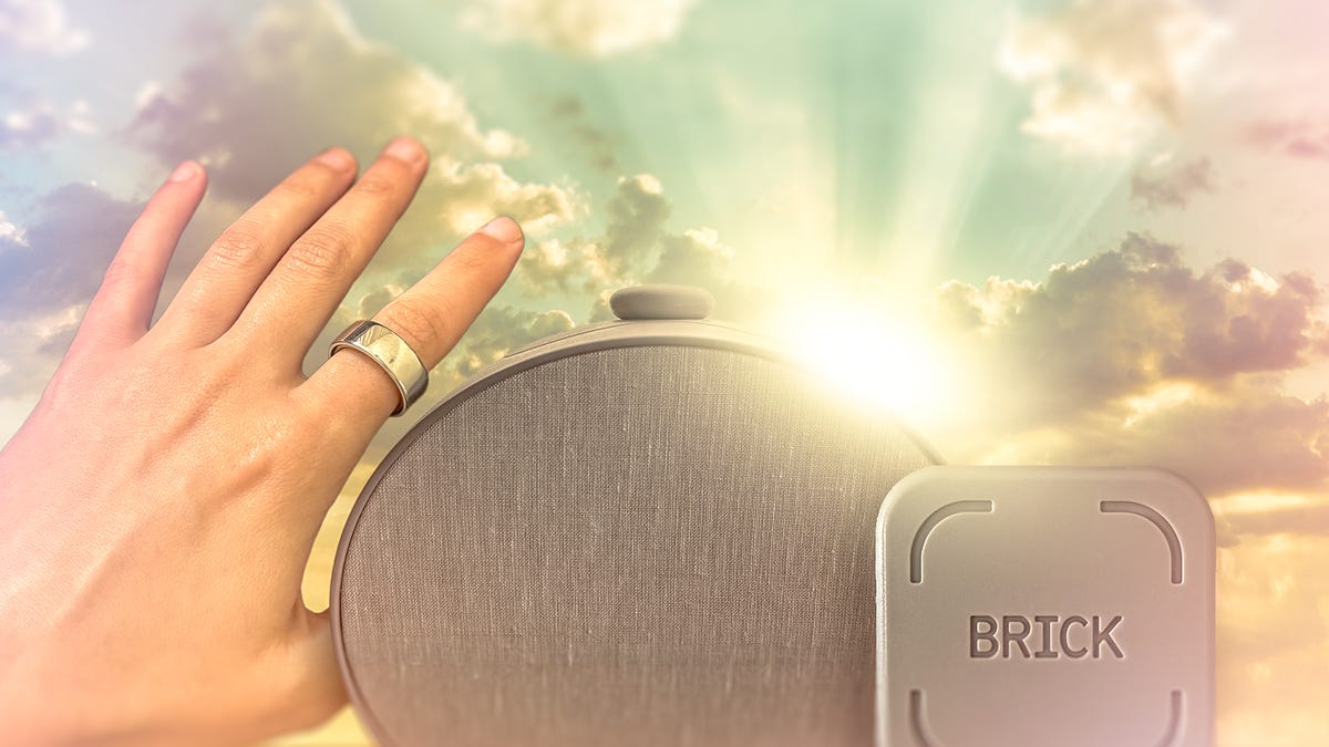 A Hatch alarm clock, Brick magnet and hand wearing an Oura Ring in front of a sunny sky.