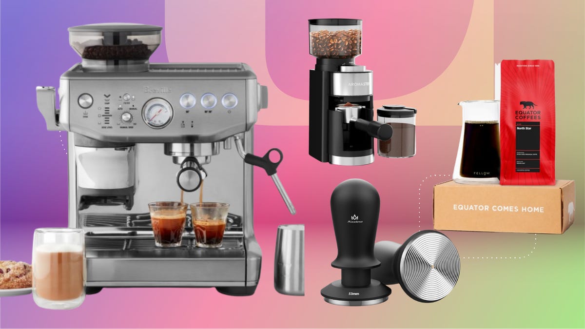 Photos of various coffee machines on a mauve CNET background.