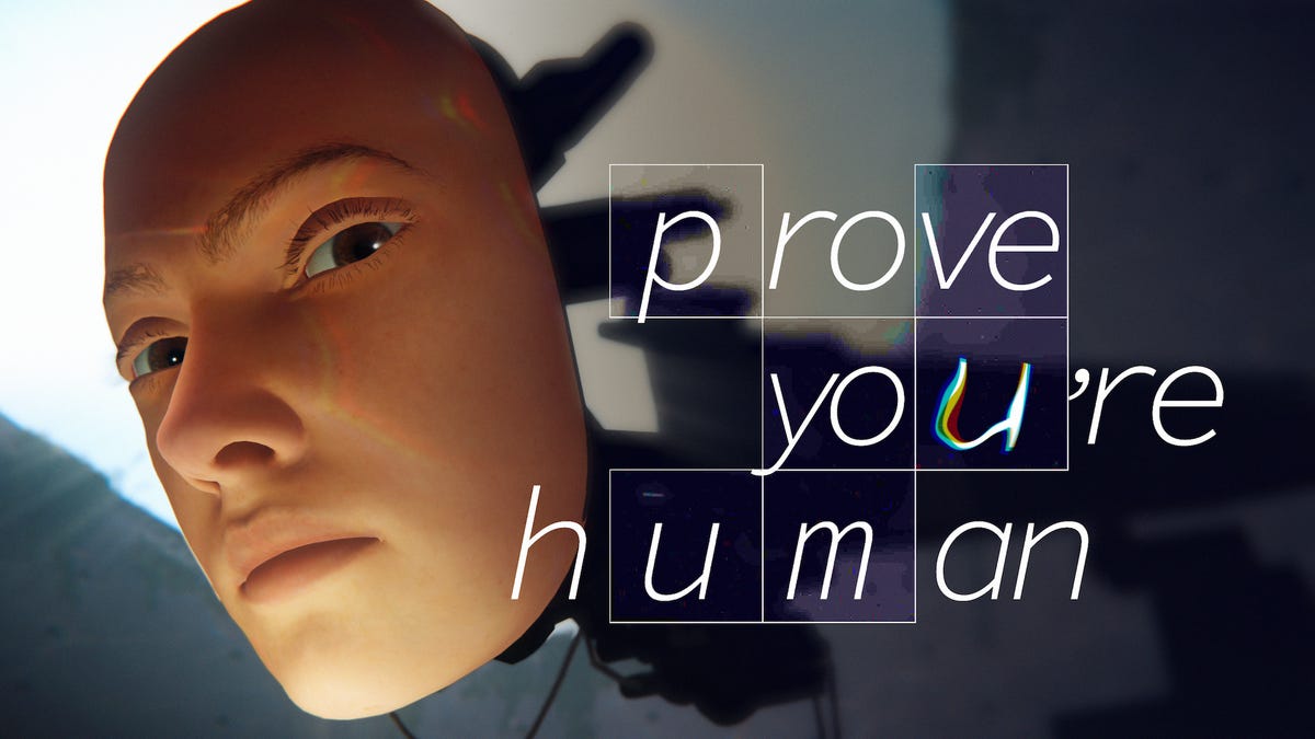 A human-looking face on an armature looks warily with the text "prove you're human" next to it.