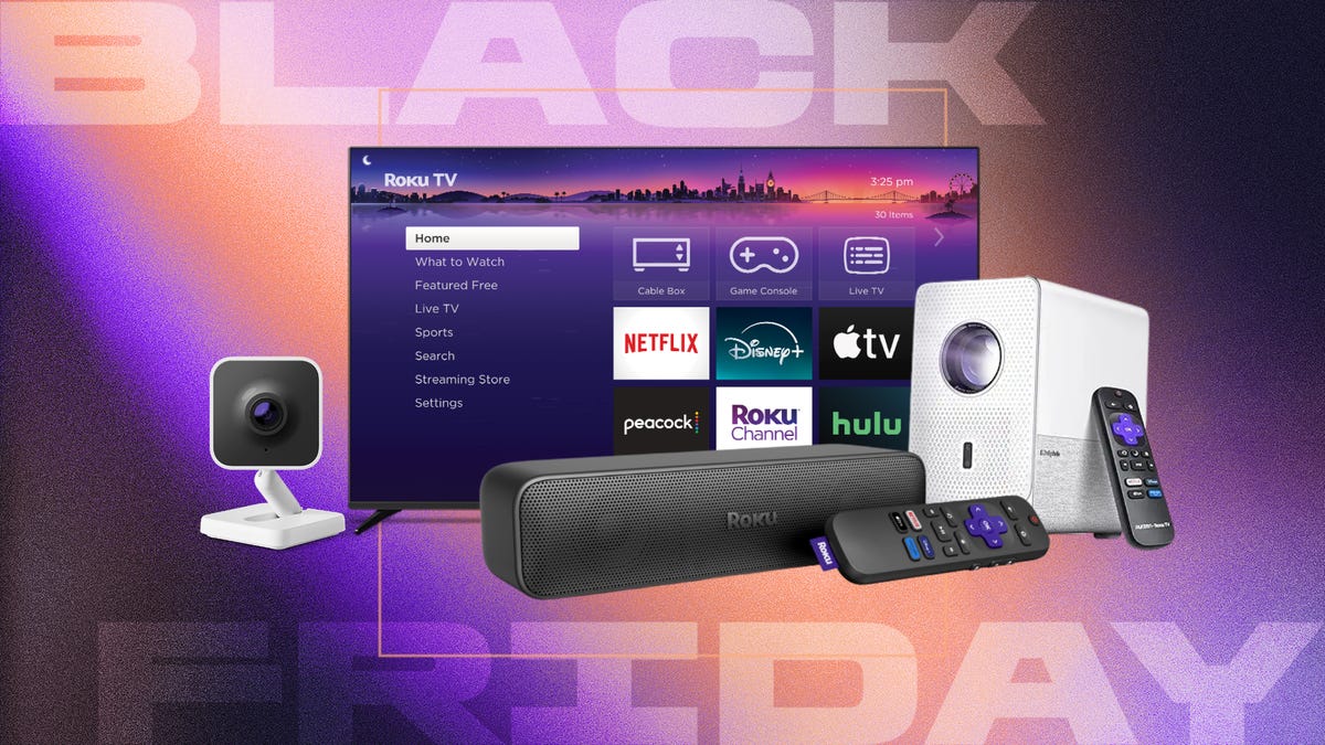 Roku security cameras, streamers, TVs and projectors are highlighted against a black, orange and purple background that reads "Black Friday."